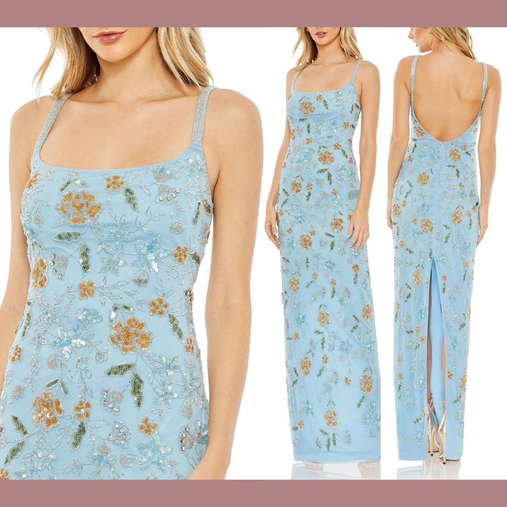 NEW Mac Duggal [‎ 18 ] 10808 Hand Beaded Floral Spaghetti Strap Gown Blue tank